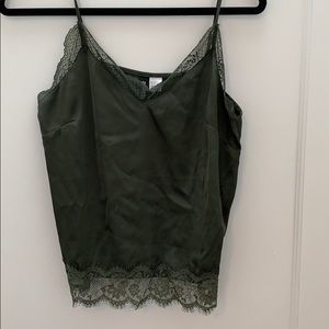 H & M Olive Satin Cami With Lace